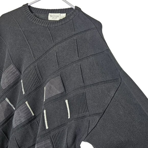 Vintage St. Croix Knits Black Sweater M Geometric Design Ultra Suede Accents‎ - Picture 3 of 7